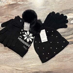 Capelli of New York Black Knit Hat and Glove Set with Snowflake and Pom-Poms